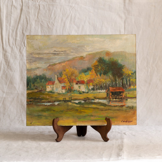 Peinture à l'huile sur panneau représentant un paysage de ferme rurale vintage