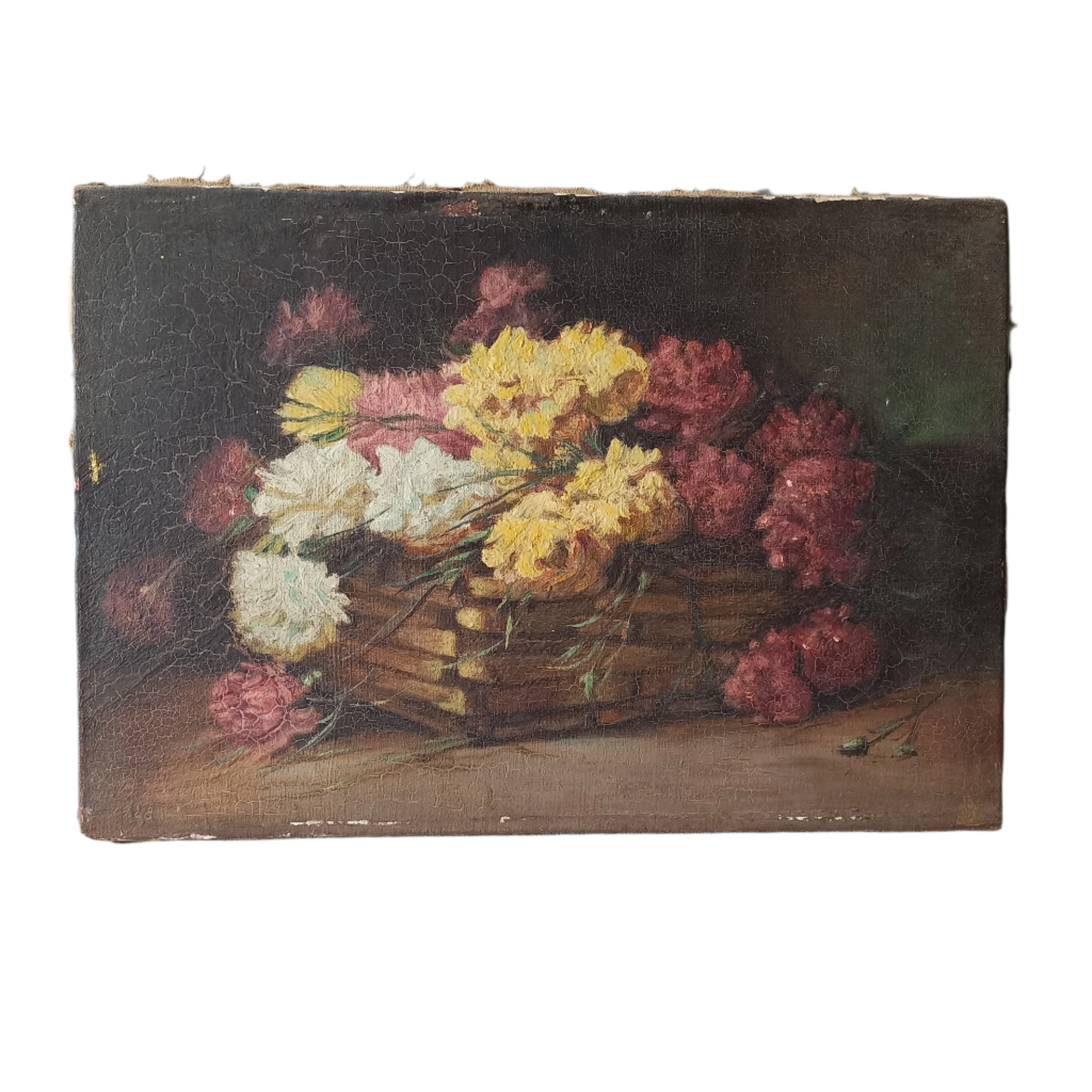 A stunning little French antique floral oil painting, really wonderfully painted with confident brush strokes. This piece is very old as you can see, especially when you view the rear of the canvas - there's a little label to the rear with a Paris mark - probably where the canvas originated.
In summary, beautiful and original antique art from France.