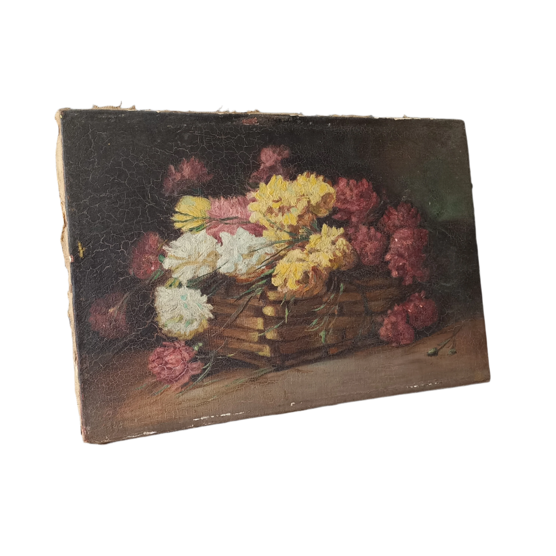 A stunning little French antique floral oil painting, really wonderfully painted with confident brush strokes. This piece is very old as you can see, especially when you view the rear of the canvas - there's a little label to the rear with a Paris mark - probably where the canvas originated.
In summary, beautiful and original antique art from France.
