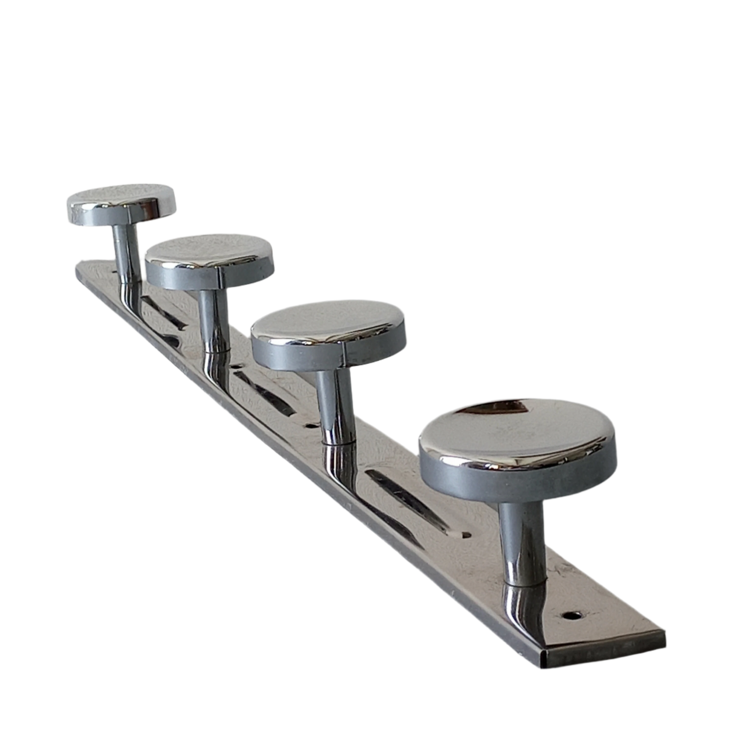 A stylish French vintage 4 peg metal coat rack with a polished finish, a great piece of practical wall decor for your home.