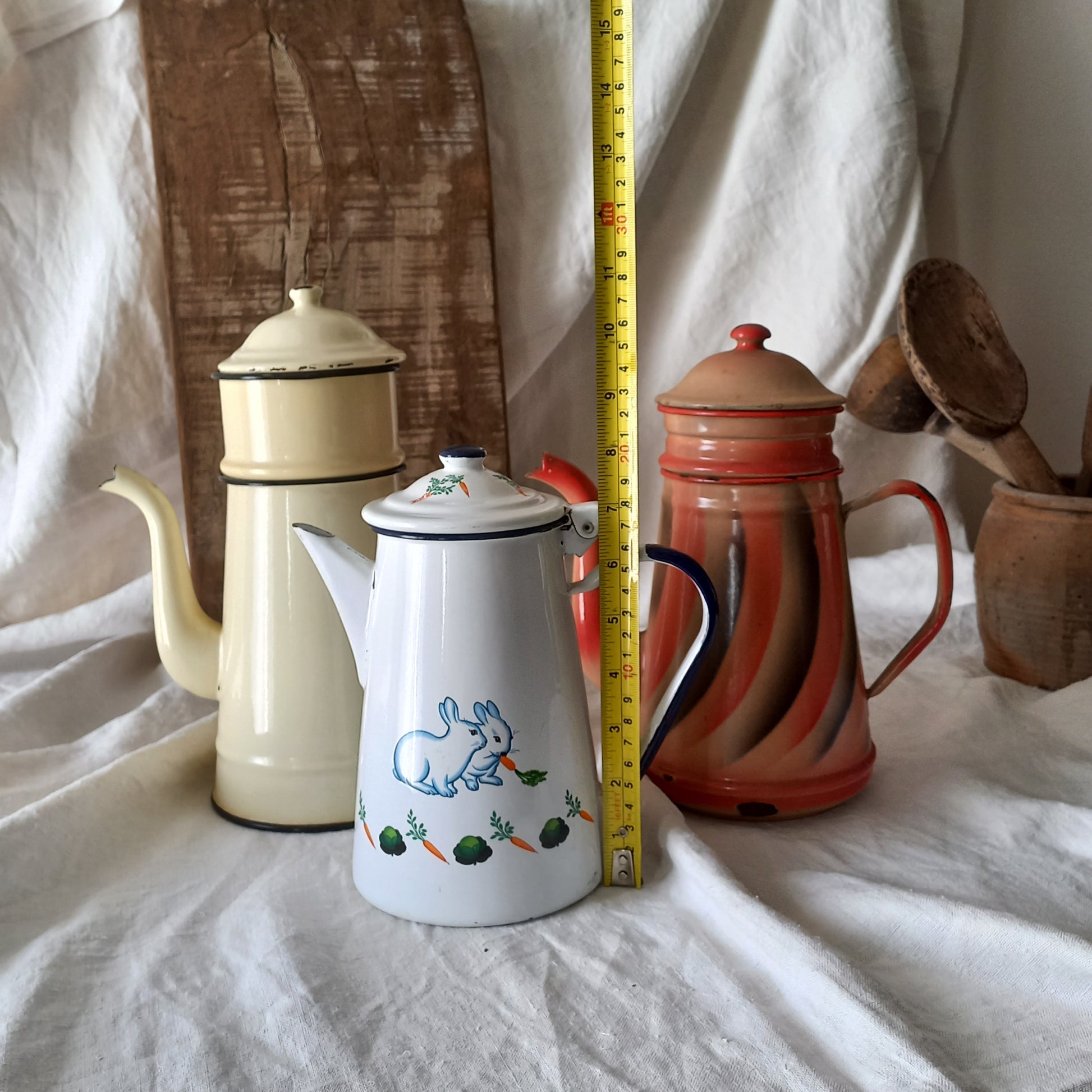 An instant collection of 3 x French fabulous vintage metal/enamel coffeepots in varying conditions and colours. These lovely old pots make great kitchen decor, especially in those of a rustic, country or farmhouse nature.