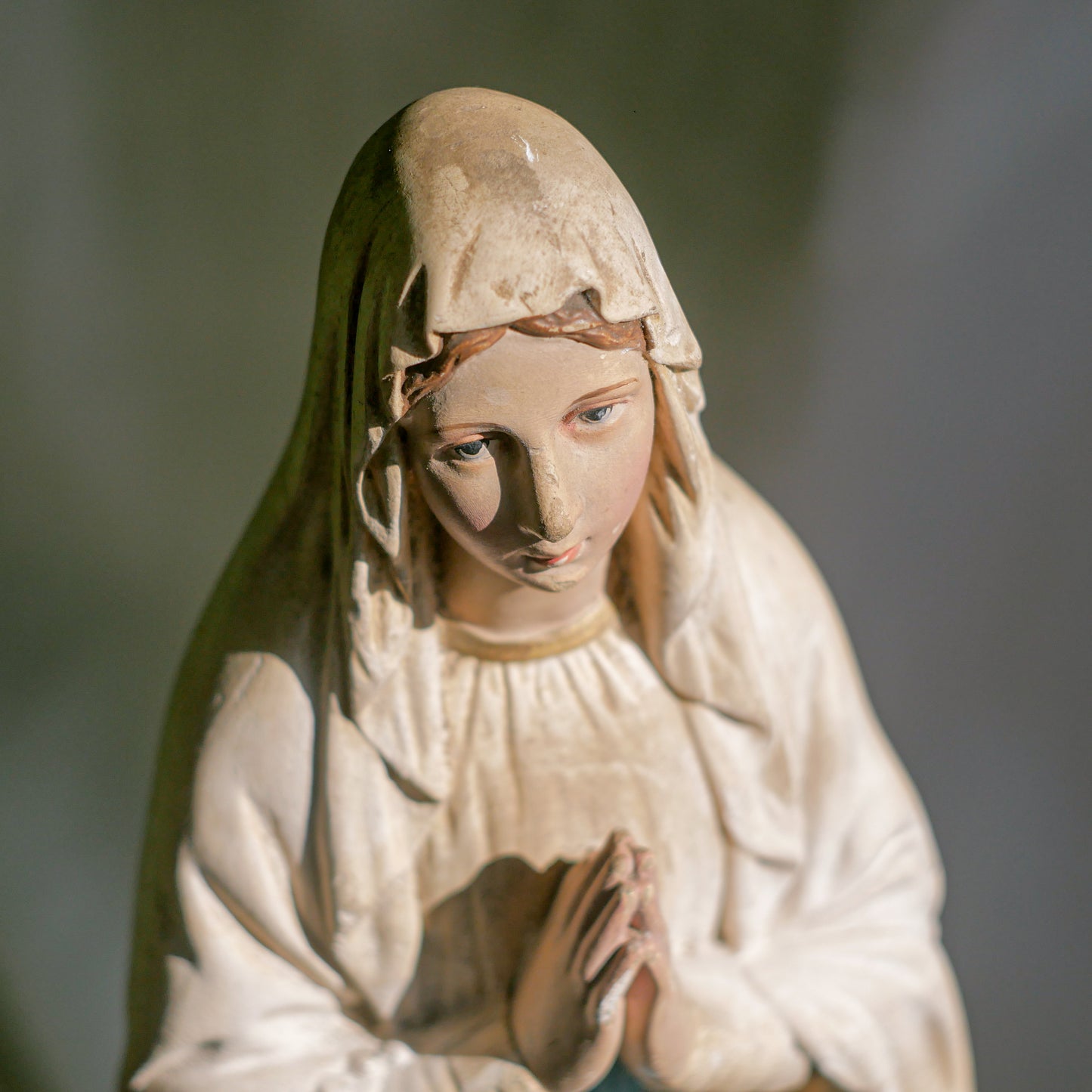 A large and stunning French vintage/antique religious Madonna figurine with wonderful subtle and time-faded coloring, a hard to find piece in this wonderful condition which has just the right amount of aging. This beautiful statue makes excellent religious decor in any home.