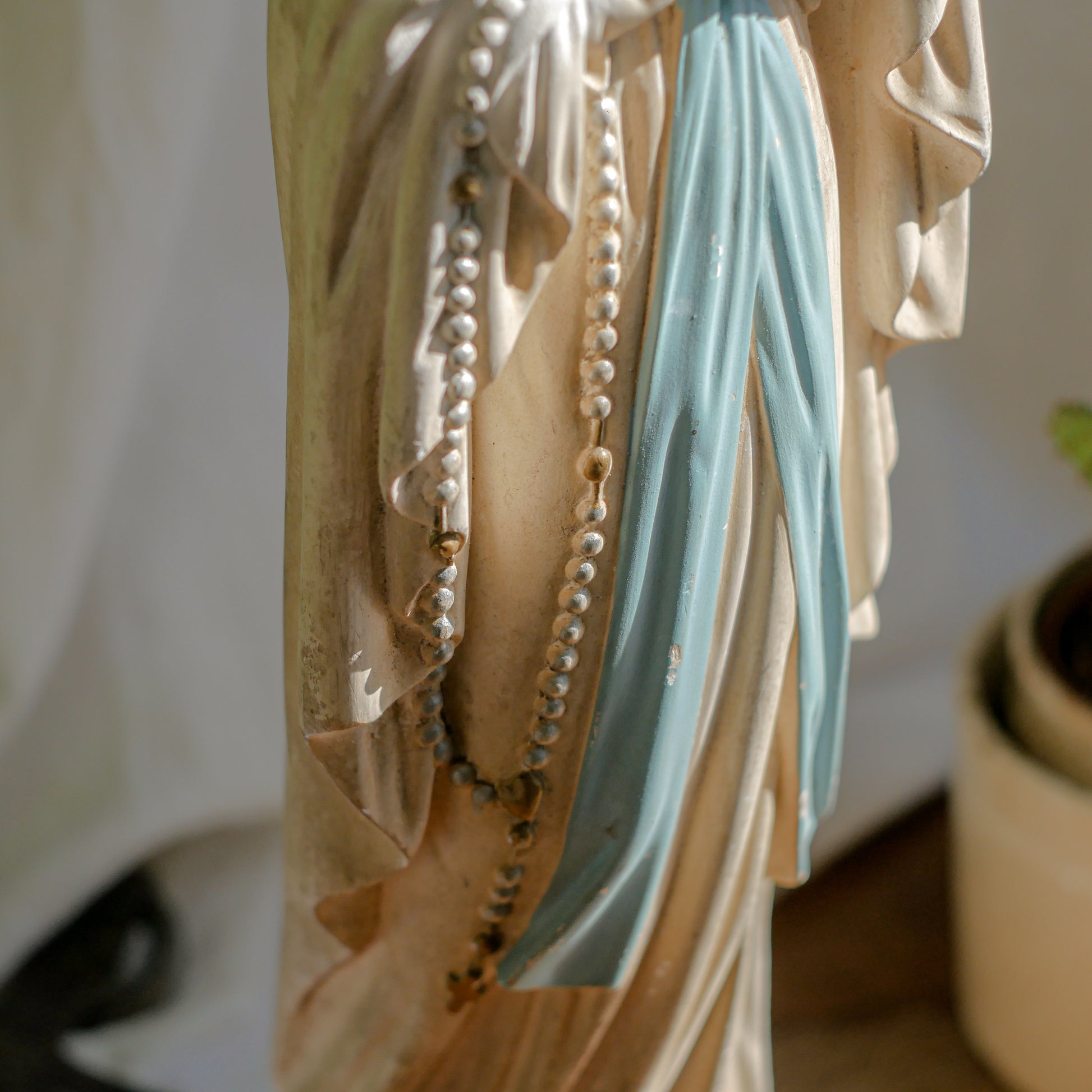 A large and stunning French vintage/antique religious Madonna figurine with wonderful subtle and time-faded coloring, a hard to find piece in this wonderful condition which has just the right amount of aging. This beautiful statue makes excellent religious decor in any home.