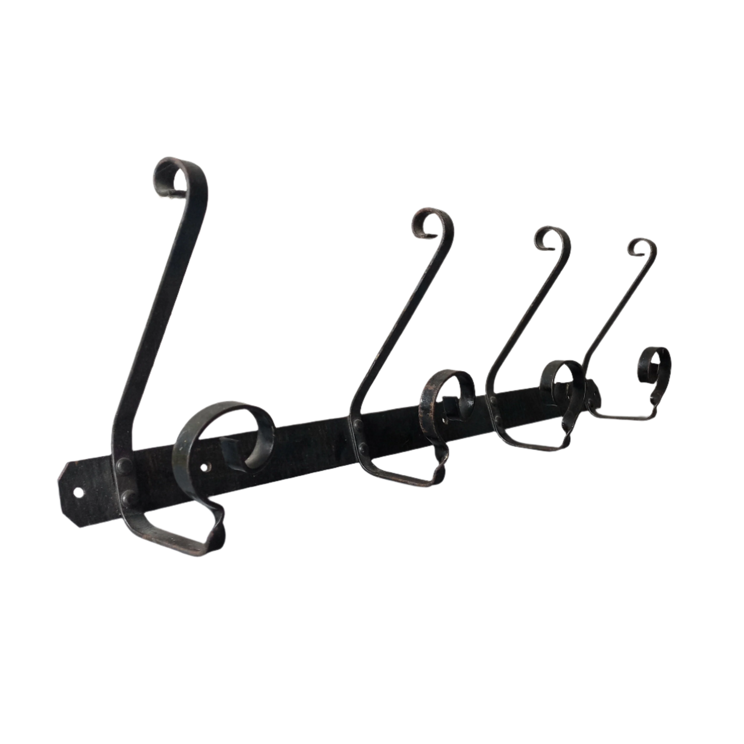 A large French vintage metal coat and hat rack for 4 coats and hats, a hand-made piece that is sturdy and can be screwed directly to your wall using the holes already in the wall bracket. The colour of the coat rack is a pleasing worn satin black with traces of gold showing through in places which give it a nice aged appearance.