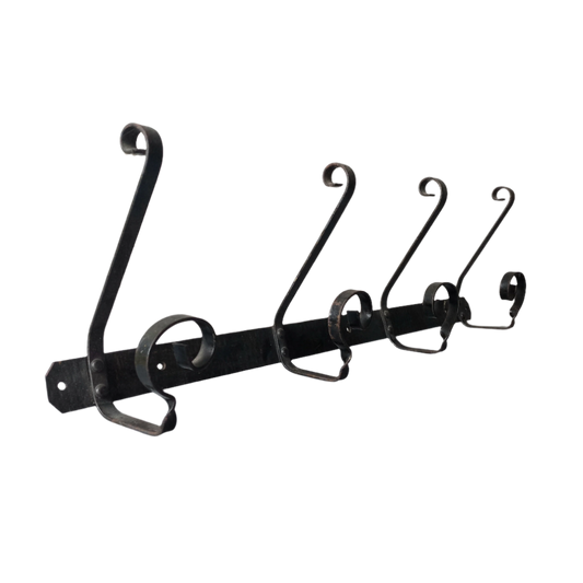 A large French vintage metal coat and hat rack for 4 coats and hats, a hand-made piece that is sturdy and can be screwed directly to your wall using the holes already in the wall bracket. The colour of the coat rack is a pleasing worn satin black with traces of gold showing through in places which give it a nice aged appearance.