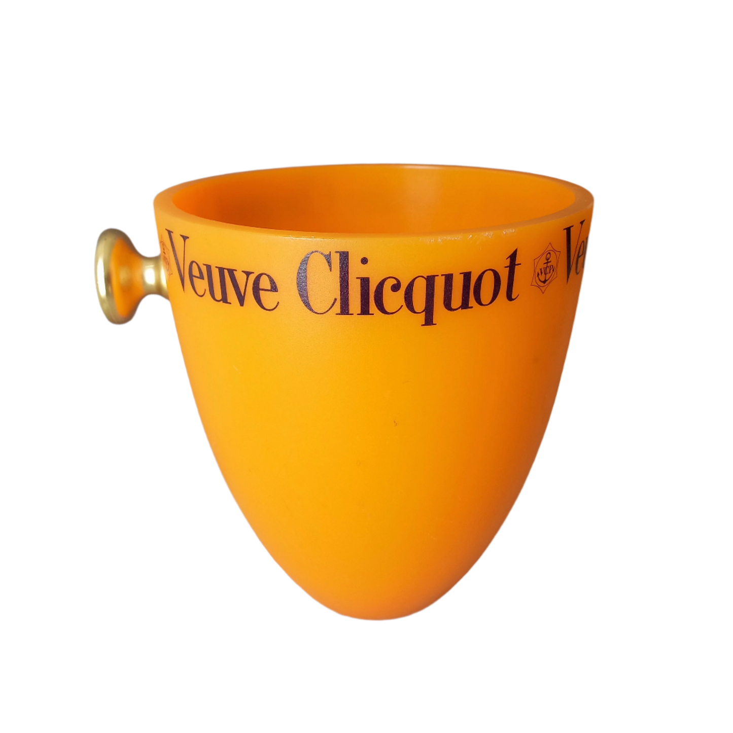 A French vintage Veuve Clicquot thick plastic champagne cooler in a wonderful shade of vibrant yellow-orange. Veuve Clicquot are from Reims, France (founded in 1772) and is one of the premier champagne manufacturers in the world so this piece will serve as a nice practical collectible.