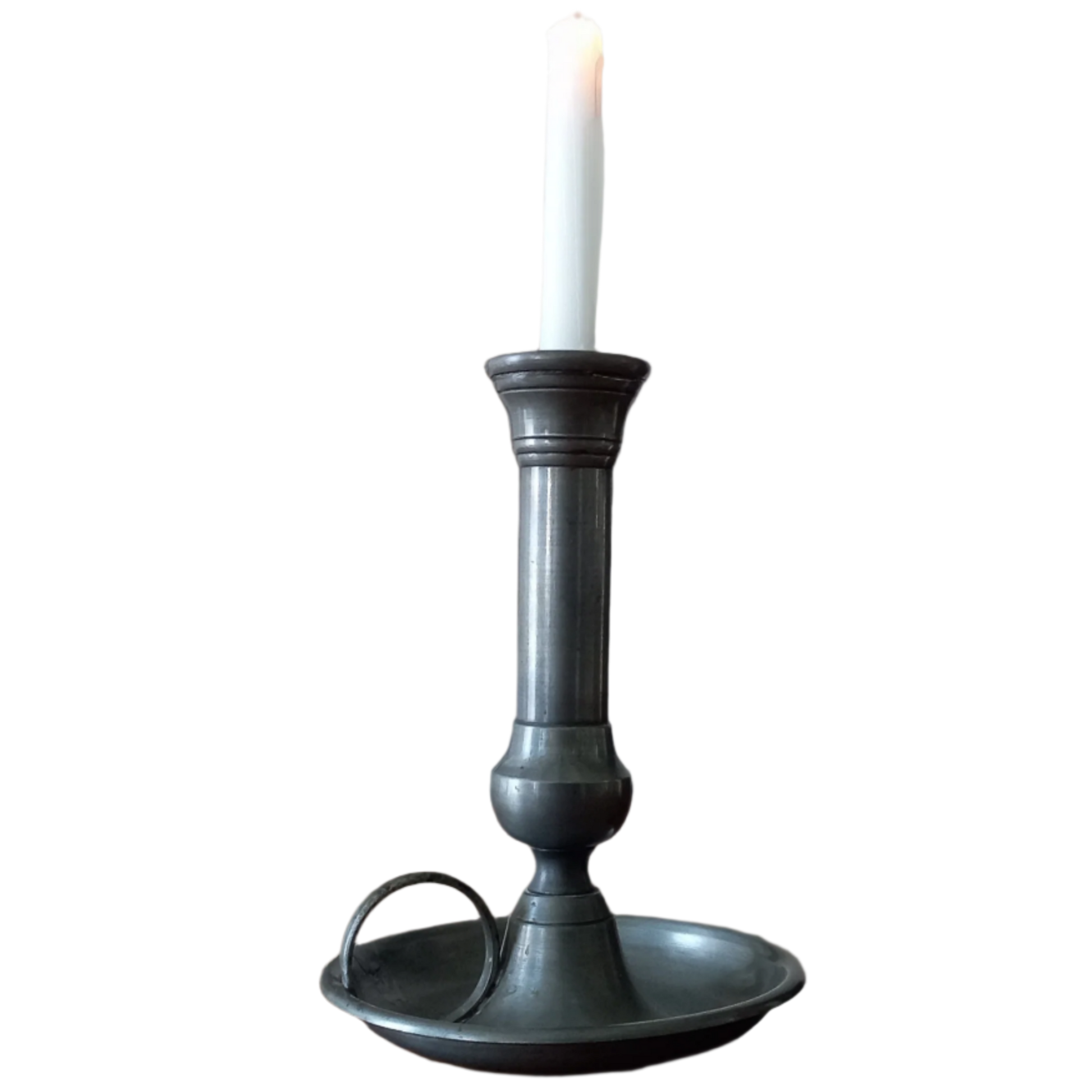 A handsome French vintage pewter candle holder / chamber stick that makes excellent home decor. This chamber stick is taller than similar ones we usually find. Underneath is marked with the manufacturer's stamp - a great looking piece!
