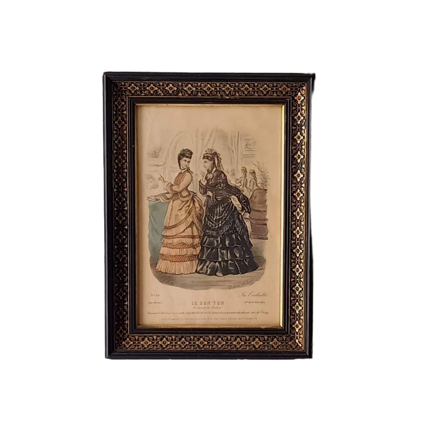 Gravure de mode de robe de femme antique française dans un cadre noir décoratif, mode féminine des années 1870, décoration murale de mode,