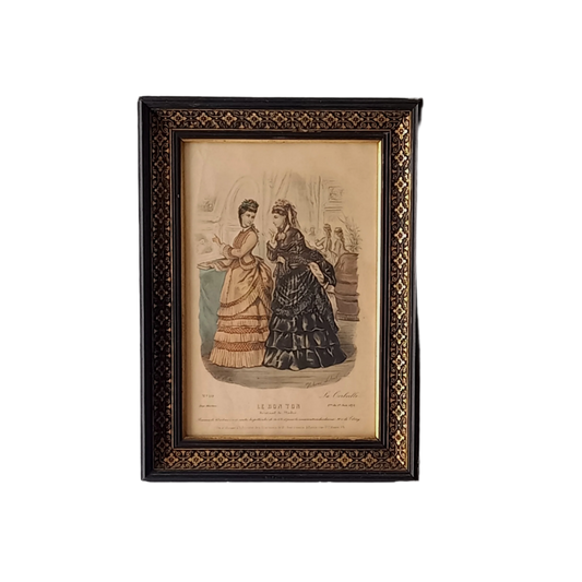 Gravure de mode de robe de femme antique française dans un cadre noir décoratif, mode féminine des années 1870, décoration murale de mode,