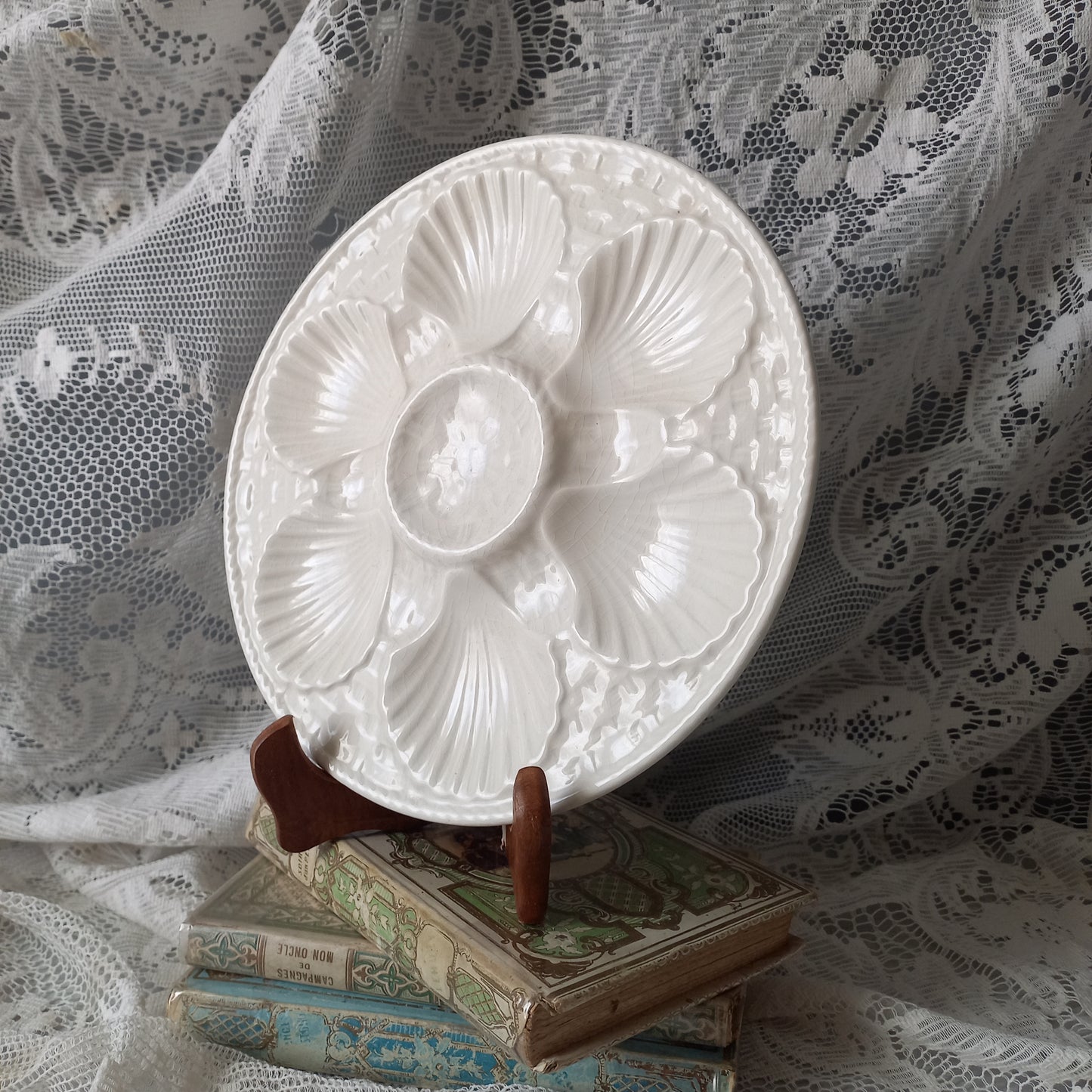 French vintage oyster plate in creamy white colour, vintage seafood plate, coastal decor