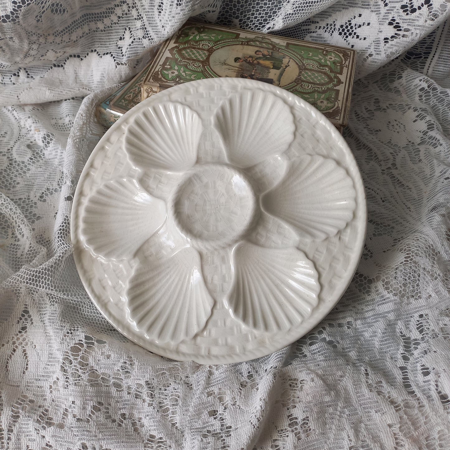 French vintage oyster plate in creamy white colour, vintage seafood plate, coastal decor