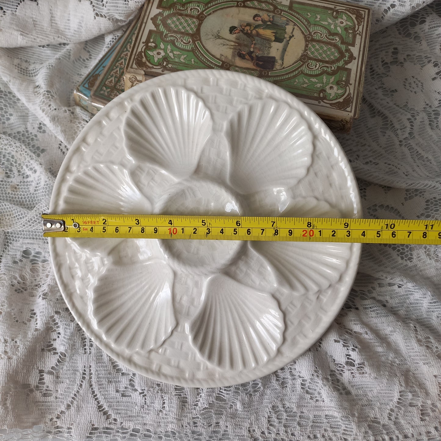 French vintage oyster plate in creamy white colour, vintage seafood plate, coastal decor