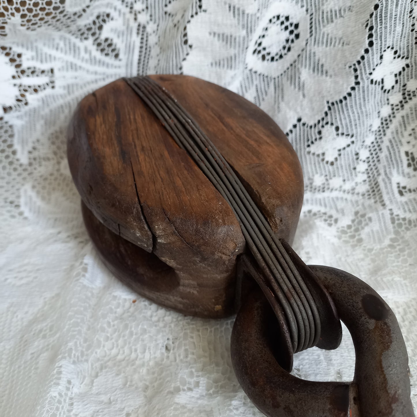 French vintage wooden boat pulley for nautical home decor or prop, wood and metal industrial hanging hook