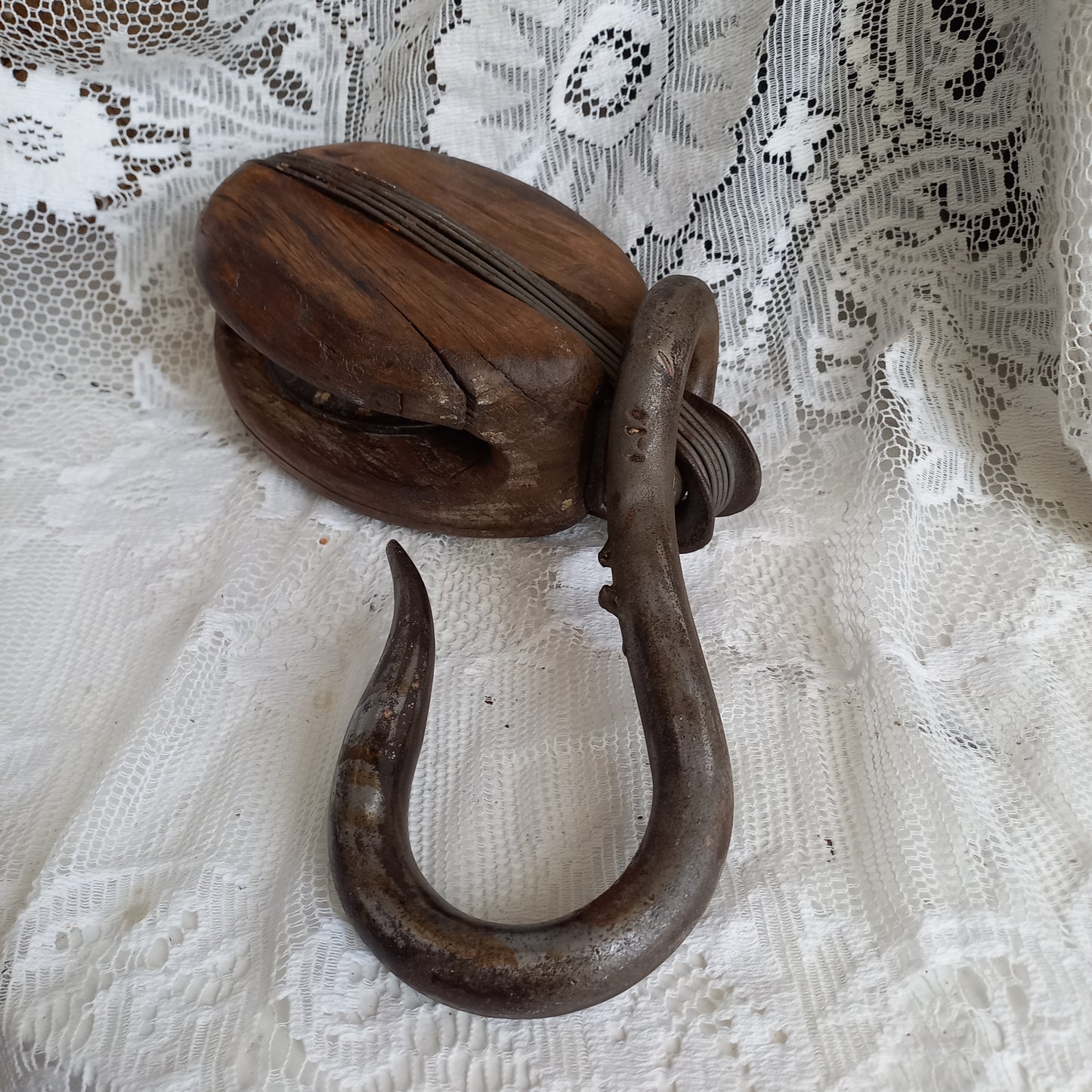 French vintage wooden boat pulley for nautical home decor or prop, wood and metal industrial hanging hook