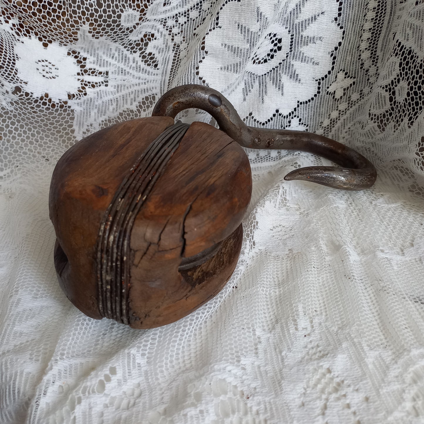 French vintage wooden boat pulley for nautical home decor or prop, wood and metal industrial hanging hook