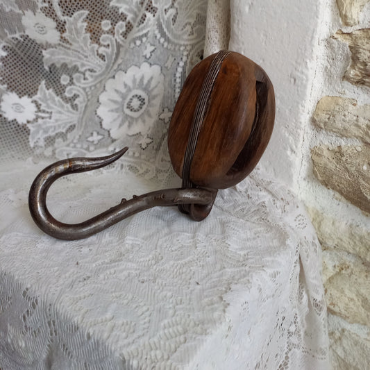 French vintage wooden boat pulley for nautical home decor or prop, wood and metal industrial hanging hook