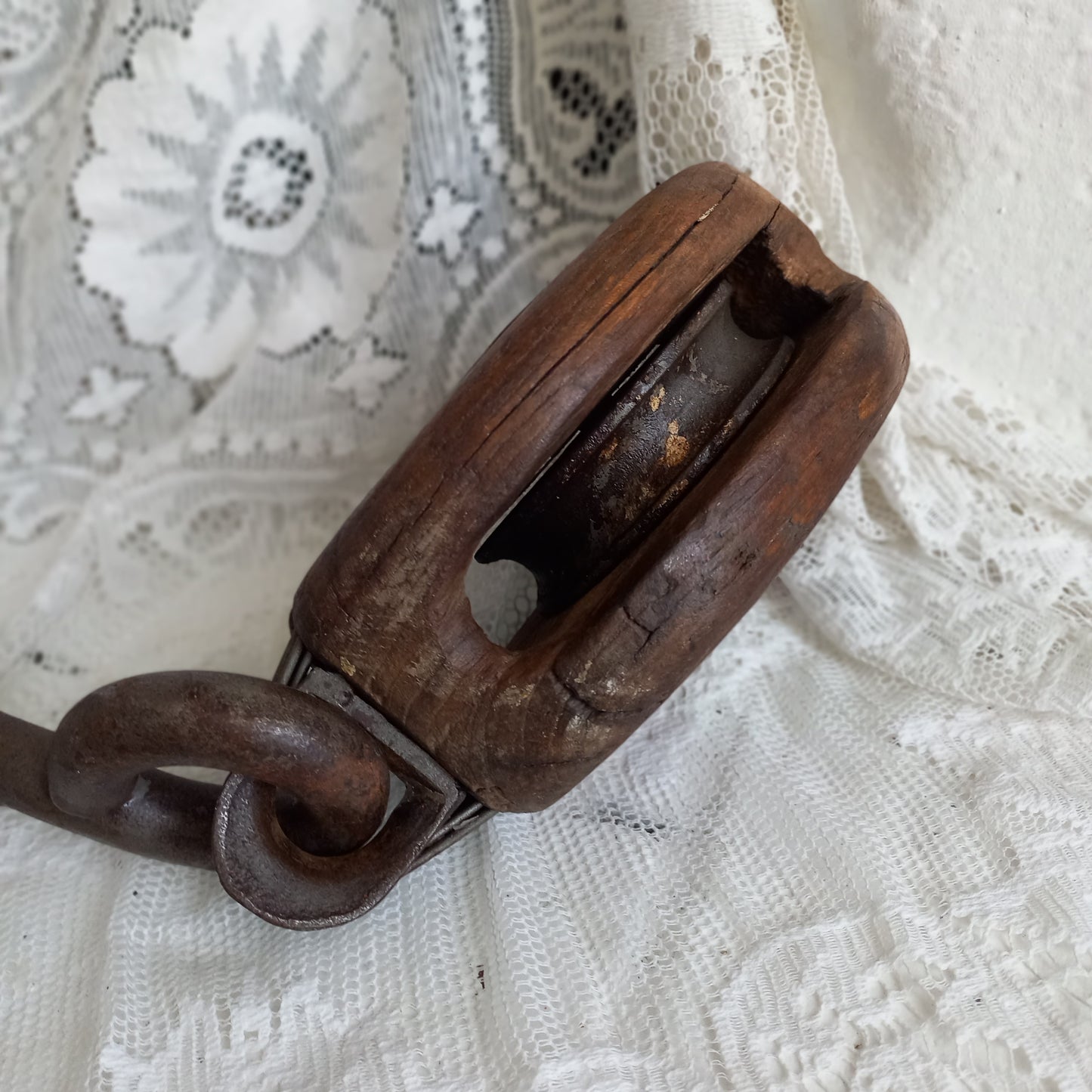 French vintage wooden boat pulley for nautical home decor or prop, wood and metal industrial hanging hook