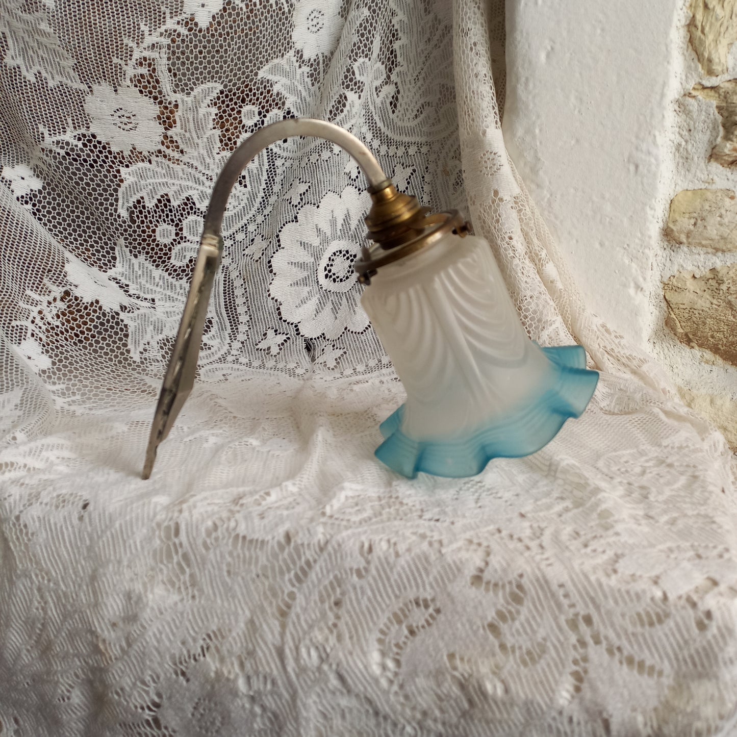 Antique wall lamp with white and blue tulip frosted glass lampshade, antique lighting from France,