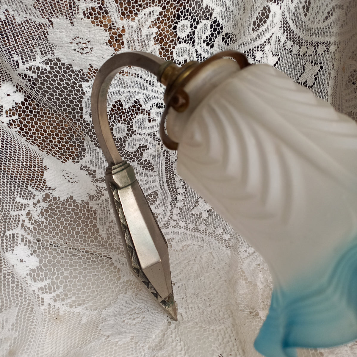 Antique Wall Light with White and Blue Tulip Frosted Glass Lampshade