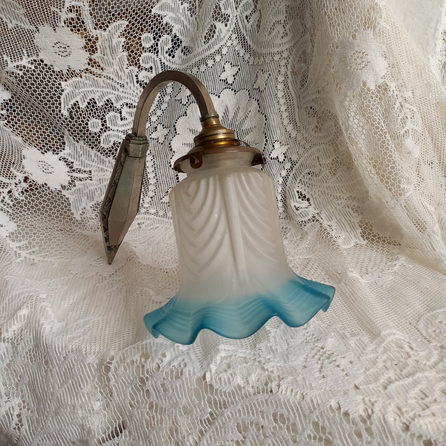 Antique wall lamp with white and blue tulip frosted glass lampshade, antique lighting from France,