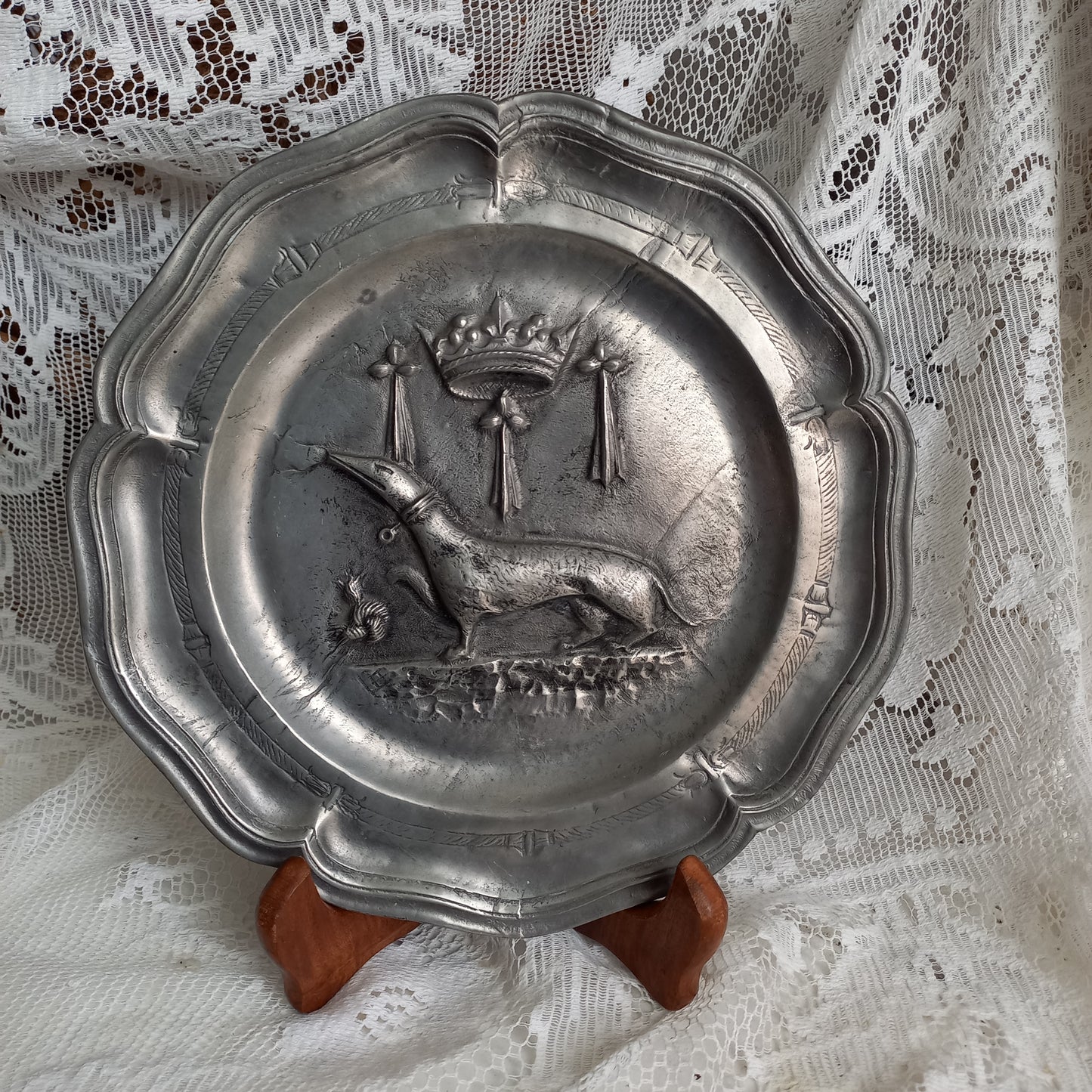 Small vintage pewter coat of arms plate from France, embossed salamander coat of arms