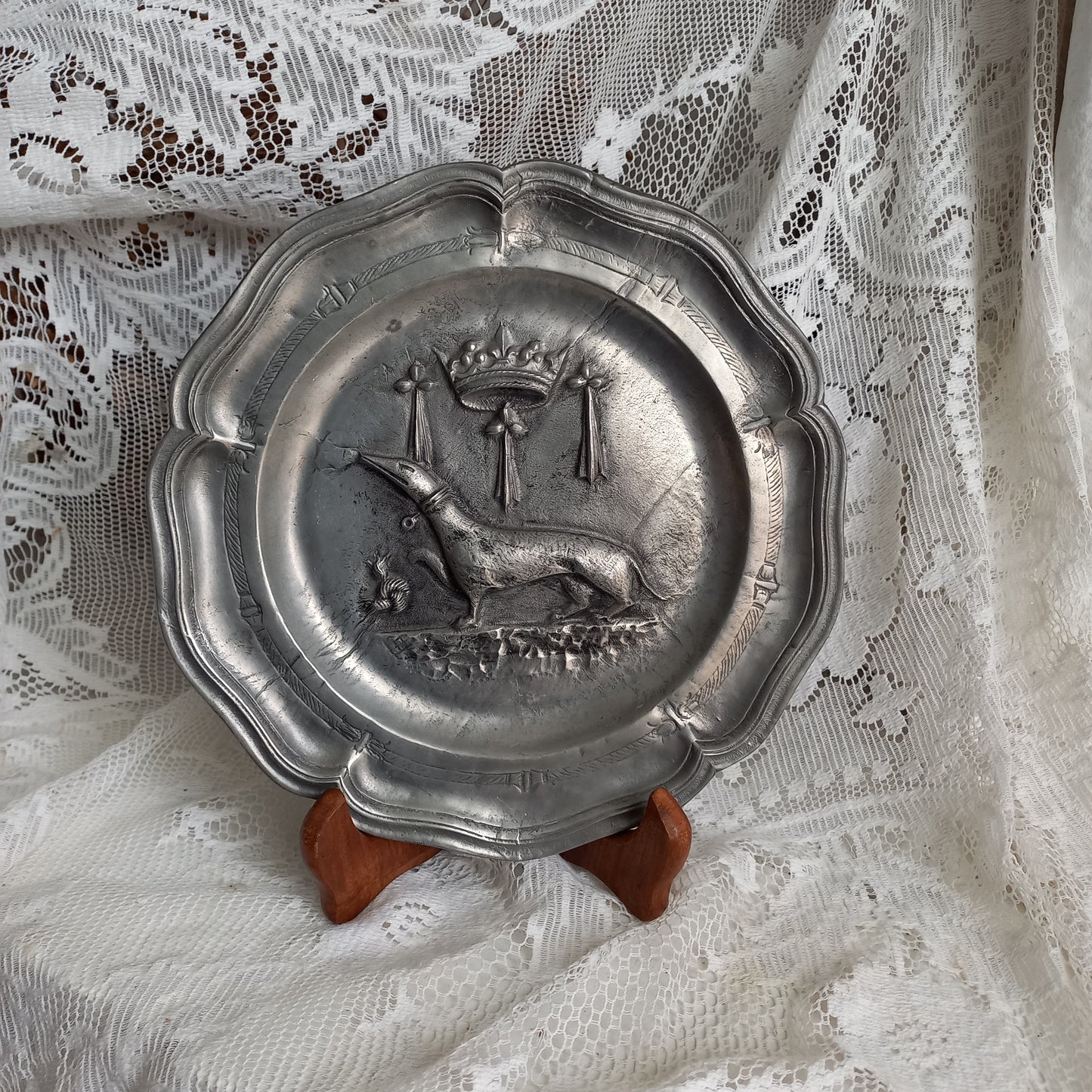 Small vintage pewter coat of arms plate from France, embossed salamander coat of arms