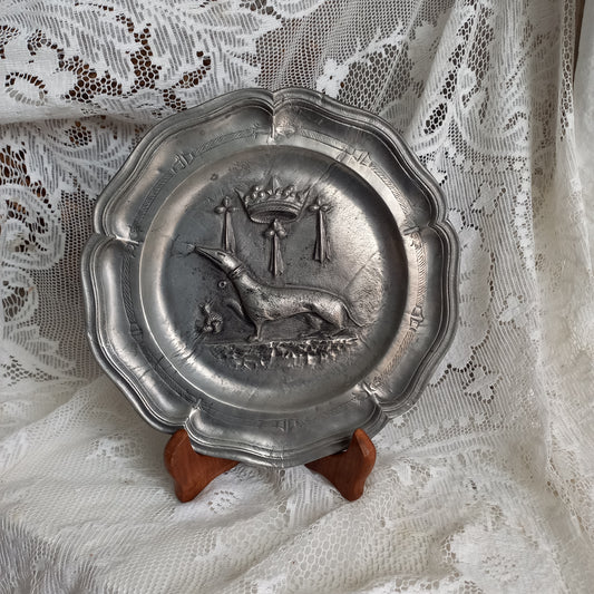 Small vintage pewter coat of arms plate from France, embossed salamander coat of arms