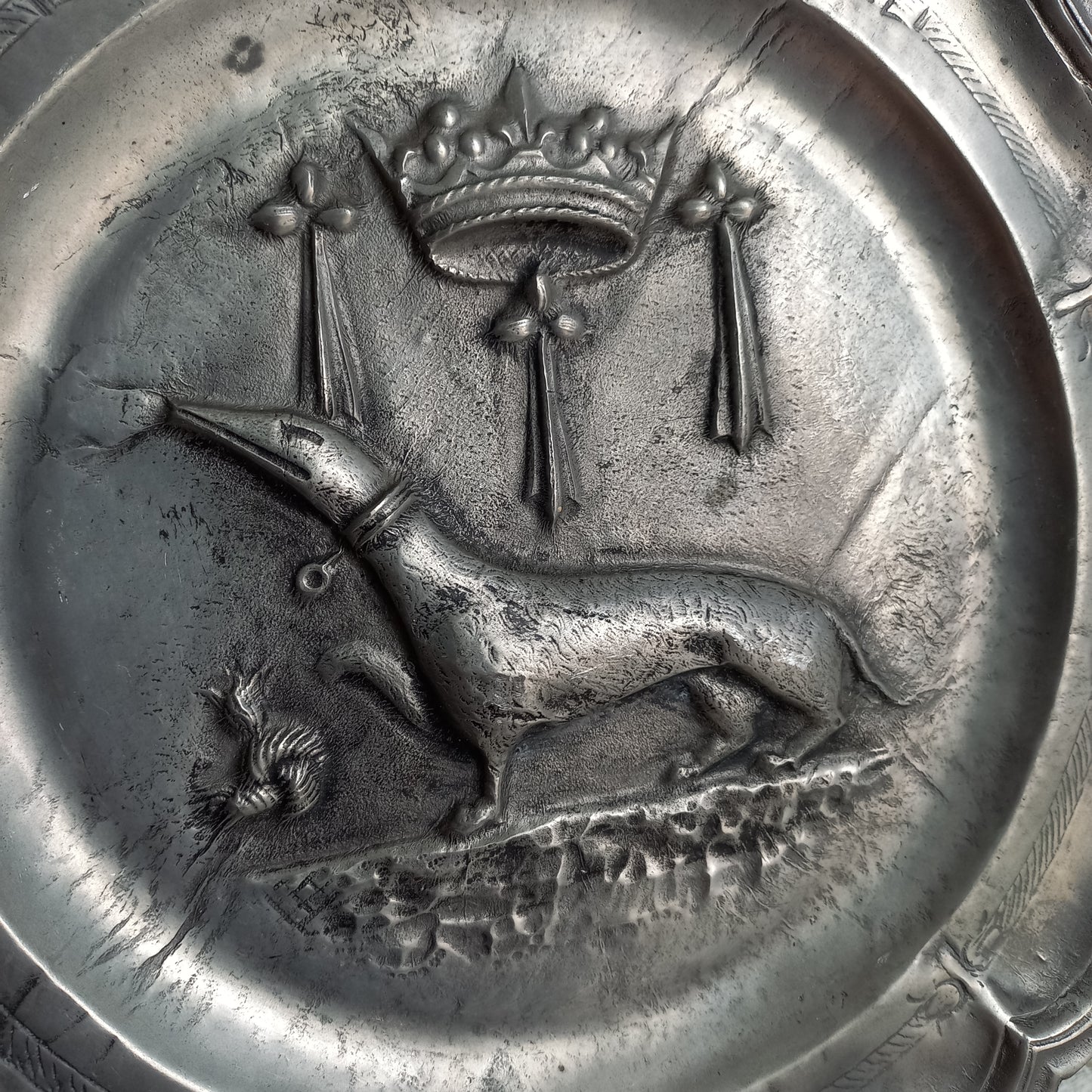 Small vintage pewter coat of arms plate from France, embossed salamander coat of arms