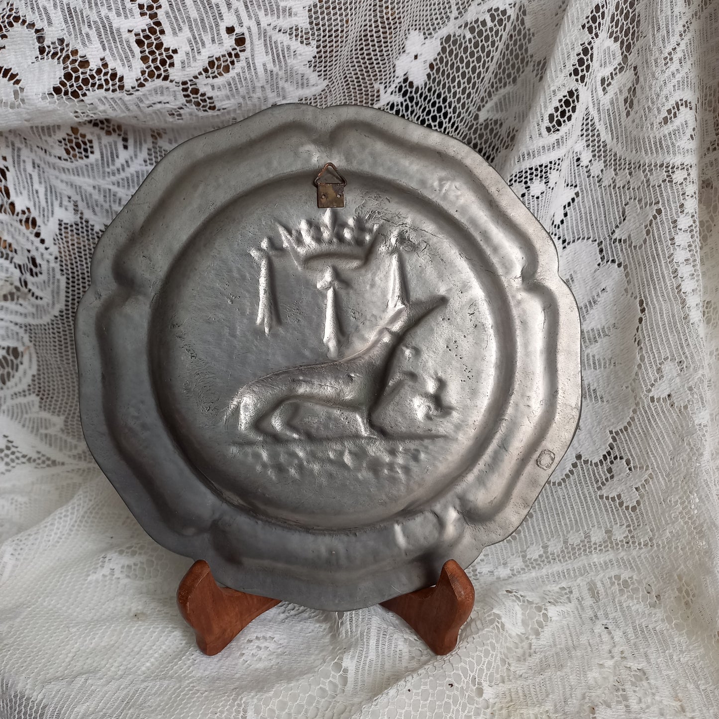 Small vintage pewter coat of arms plate from France, embossed salamander coat of arms