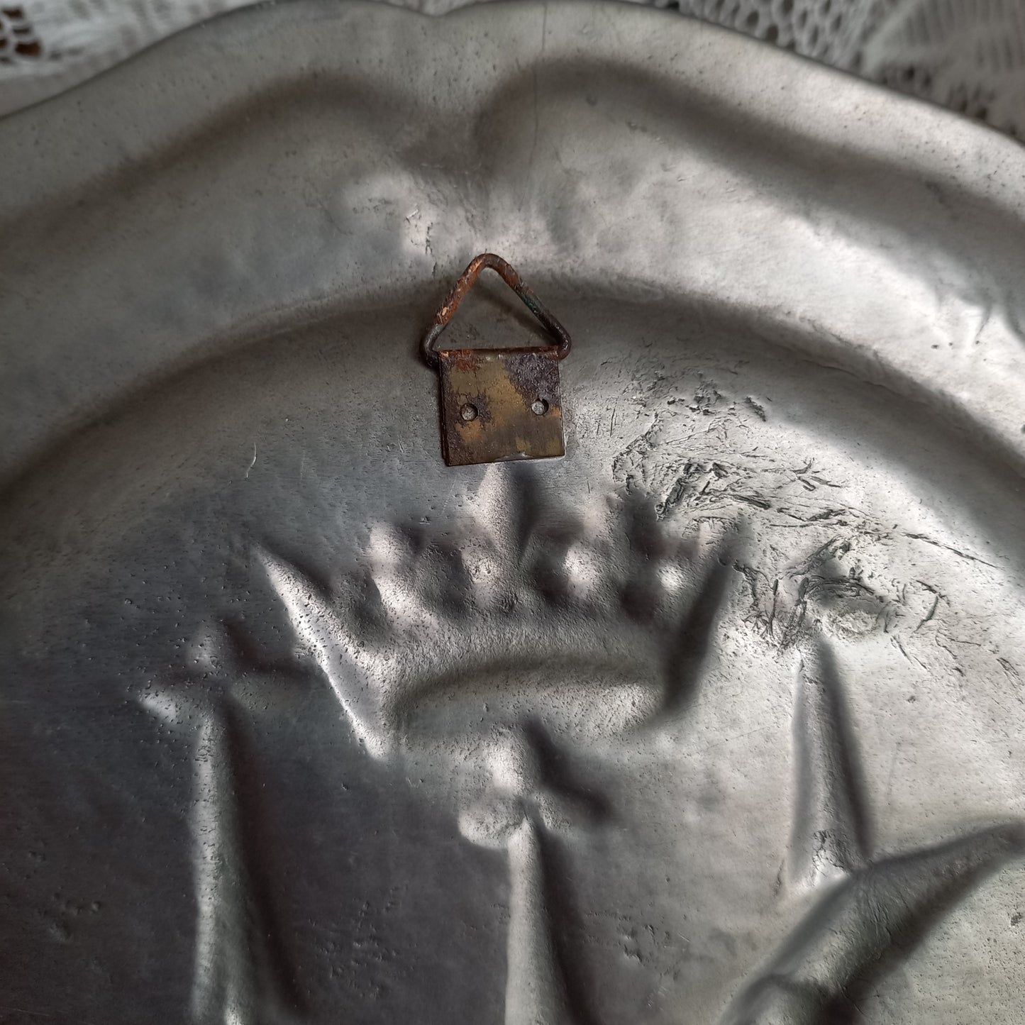 Small vintage pewter coat of arms plate from France, embossed salamander coat of arms