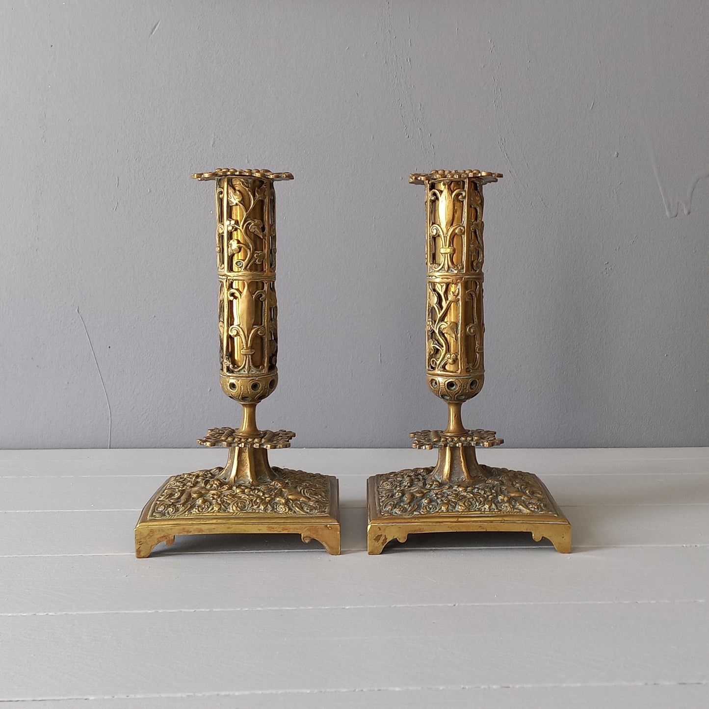 Antique brass candle holders from France, decorative candelabras