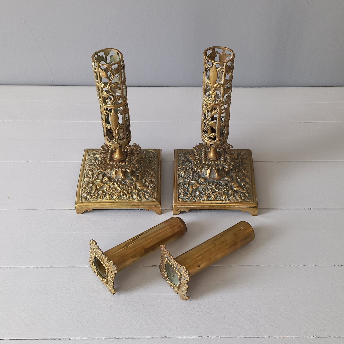 Antique brass candle holders from France, decorative candelabras