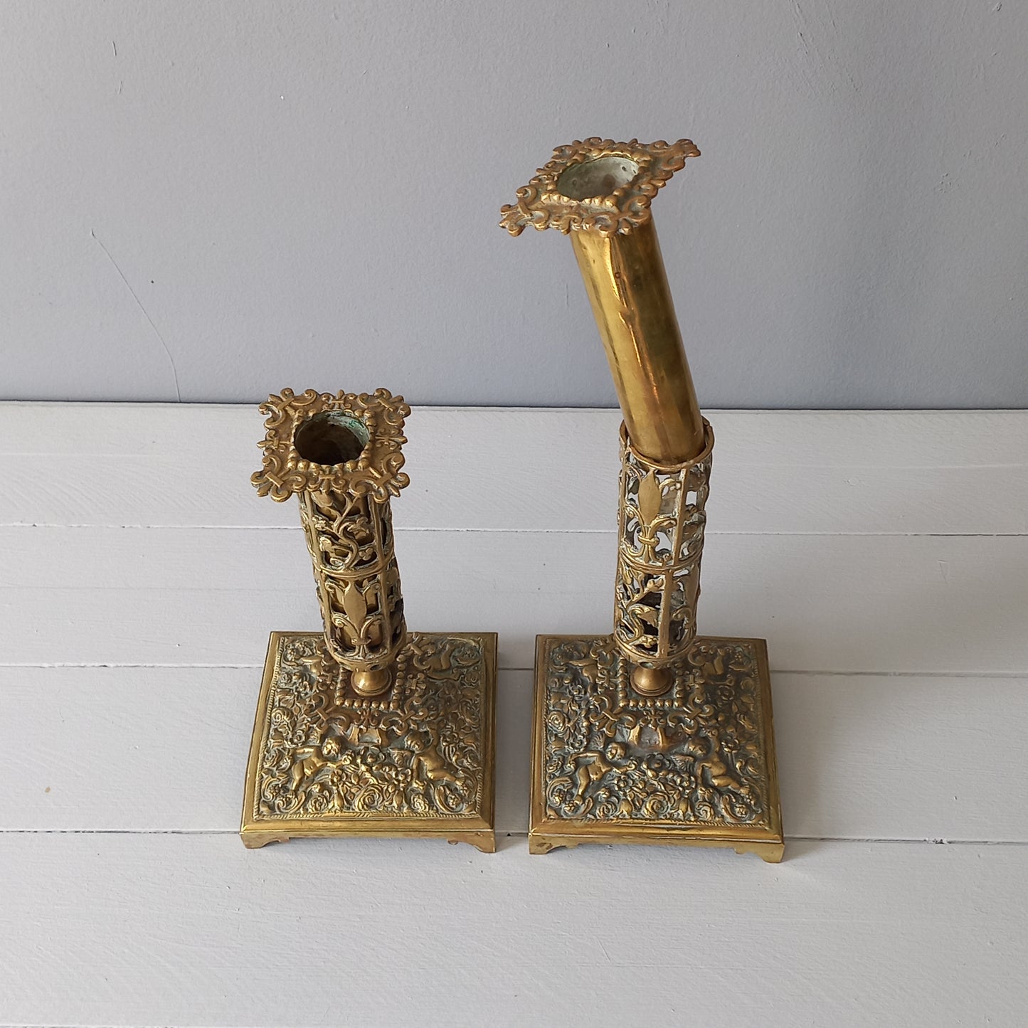 Antique brass candle holders from France, decorative candelabras