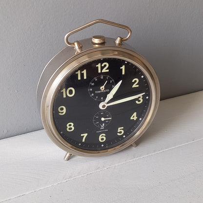 Vintage alarm clock by French manufacturer, Jazz. 1970s mechanical clock, black and silver clock