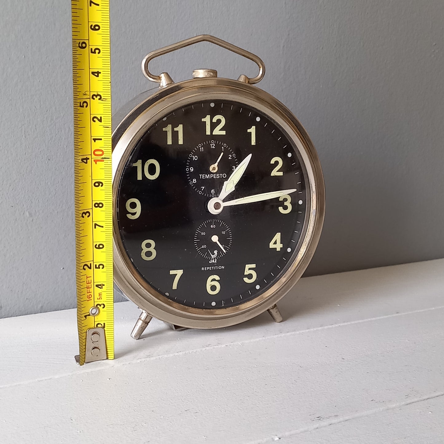 Vintage alarm clock by French manufacturer, Jazz. 1970s mechanical clock, black and silver clock