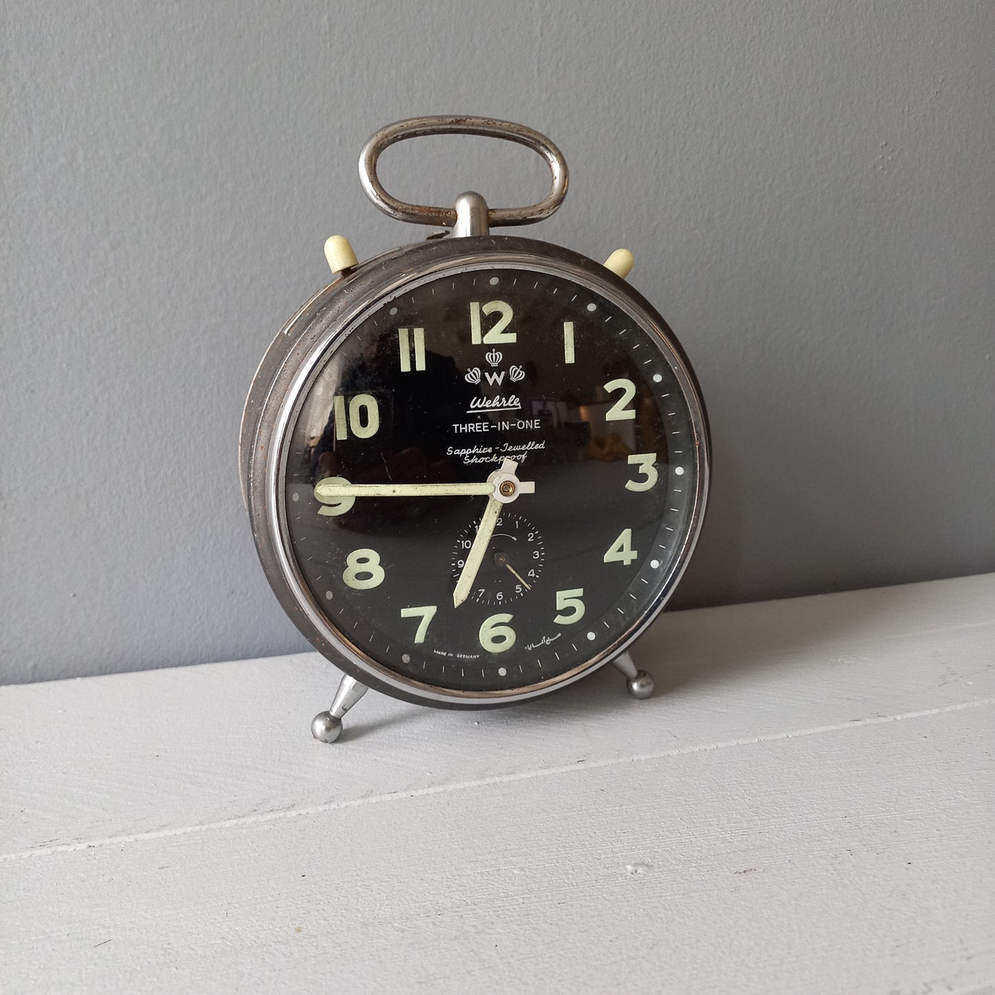 Large vintage alarm clock by premier German manufacturer, Wehrle, large three-in-one mechanical alarm clock, chiming alarm, modernist decor