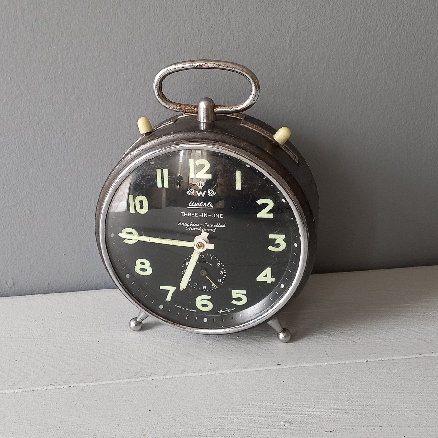 Large vintage alarm clock by premier German manufacturer, Wehrle, large three-in-one mechanical alarm clock, chiming alarm, modernist decor