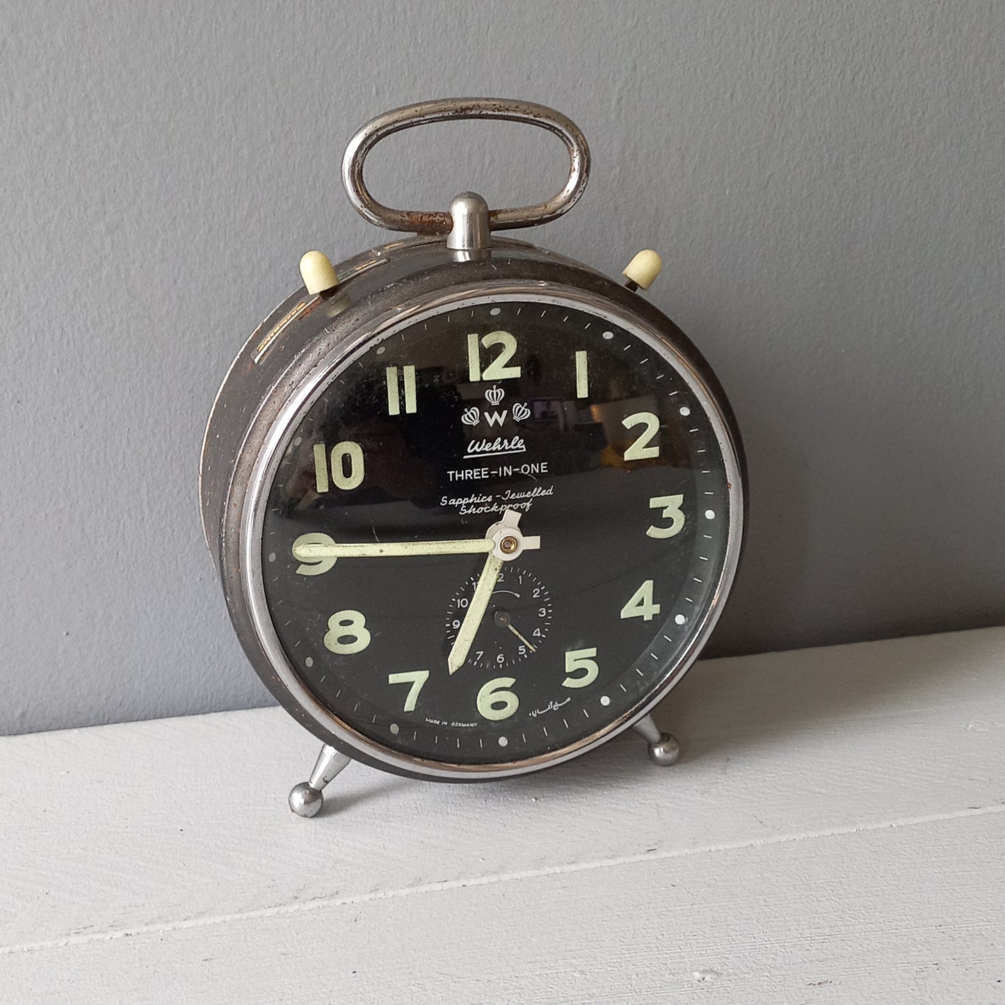 Large vintage alarm clock by premier German manufacturer, Wehrle, large three-in-one mechanical alarm clock, chiming alarm, modernist decor