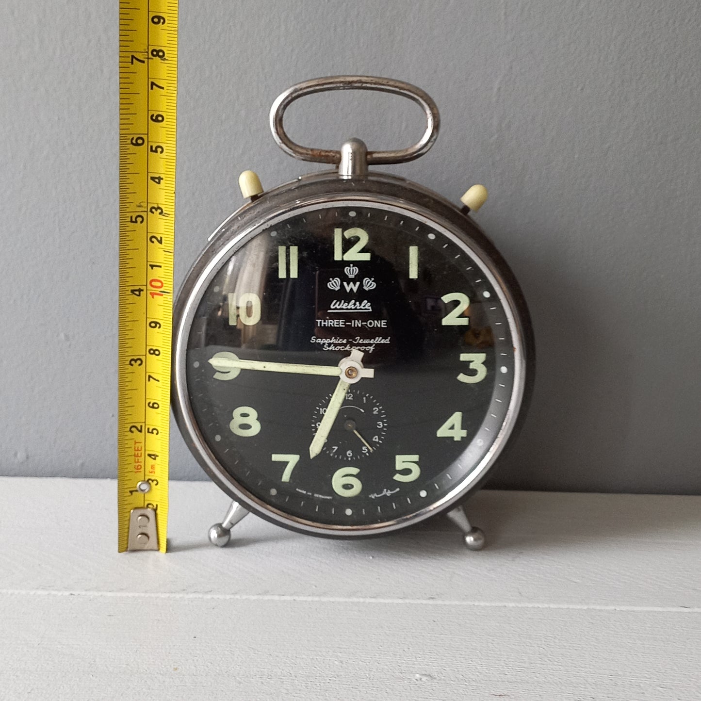 Large vintage alarm clock by premier German manufacturer, Wehrle, large three-in-one mechanical alarm clock, chiming alarm, modernist decor