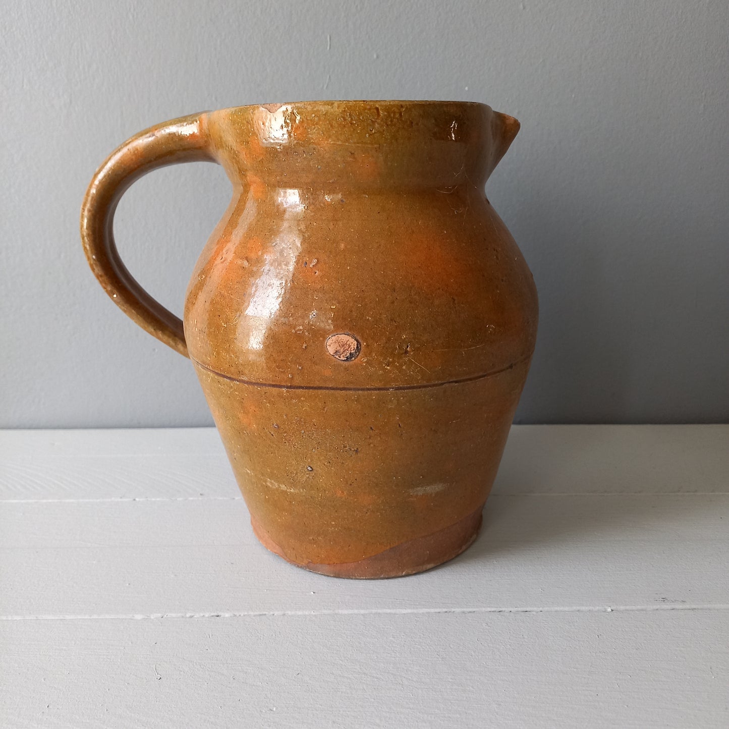 Antique pottery pitcher from France, antique stoneware jug, rustic interior decor