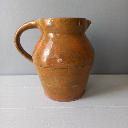 Antique pottery pitcher from France, antique stoneware jug, rustic interior decor