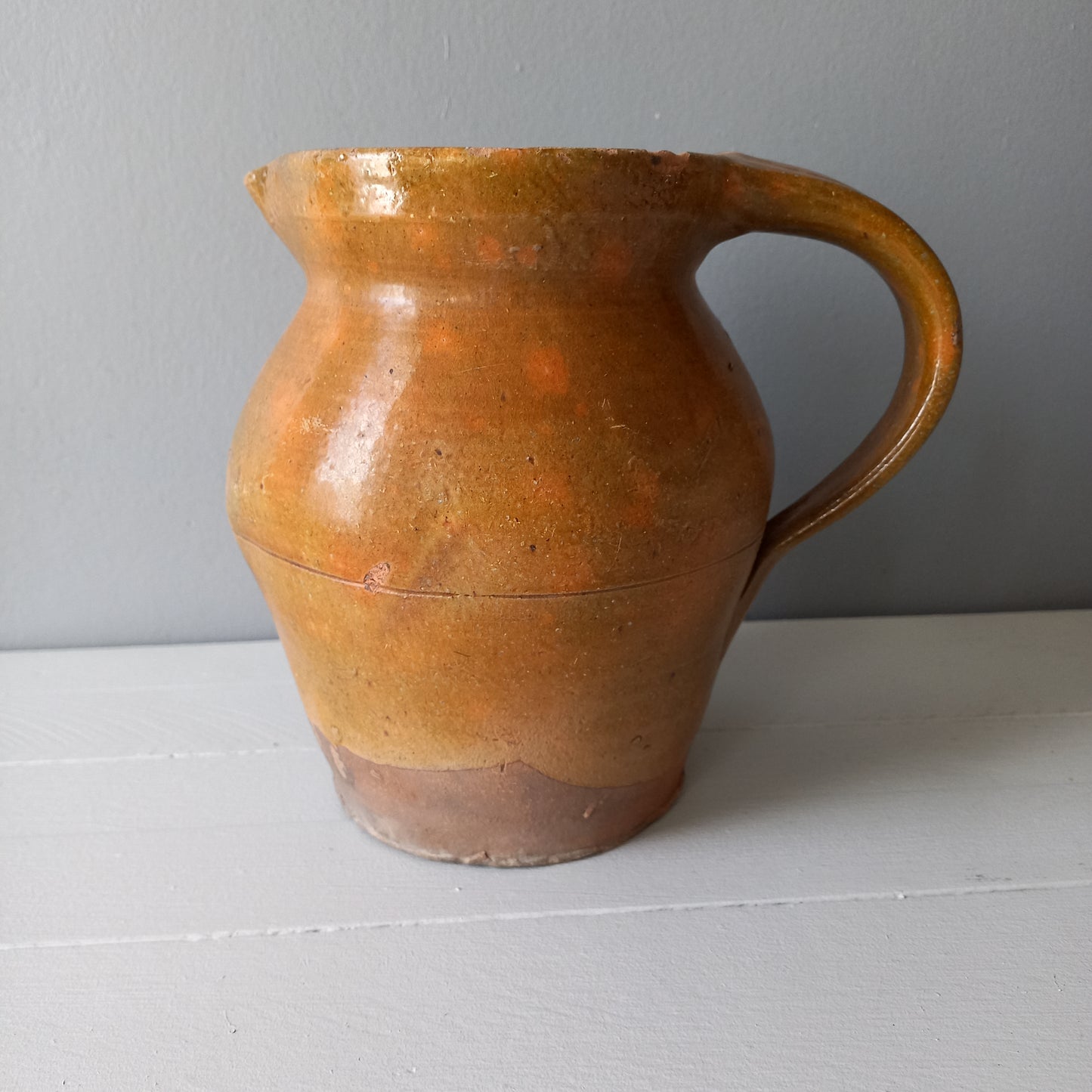 Antique pottery pitcher from France, antique stoneware jug, rustic interior decor