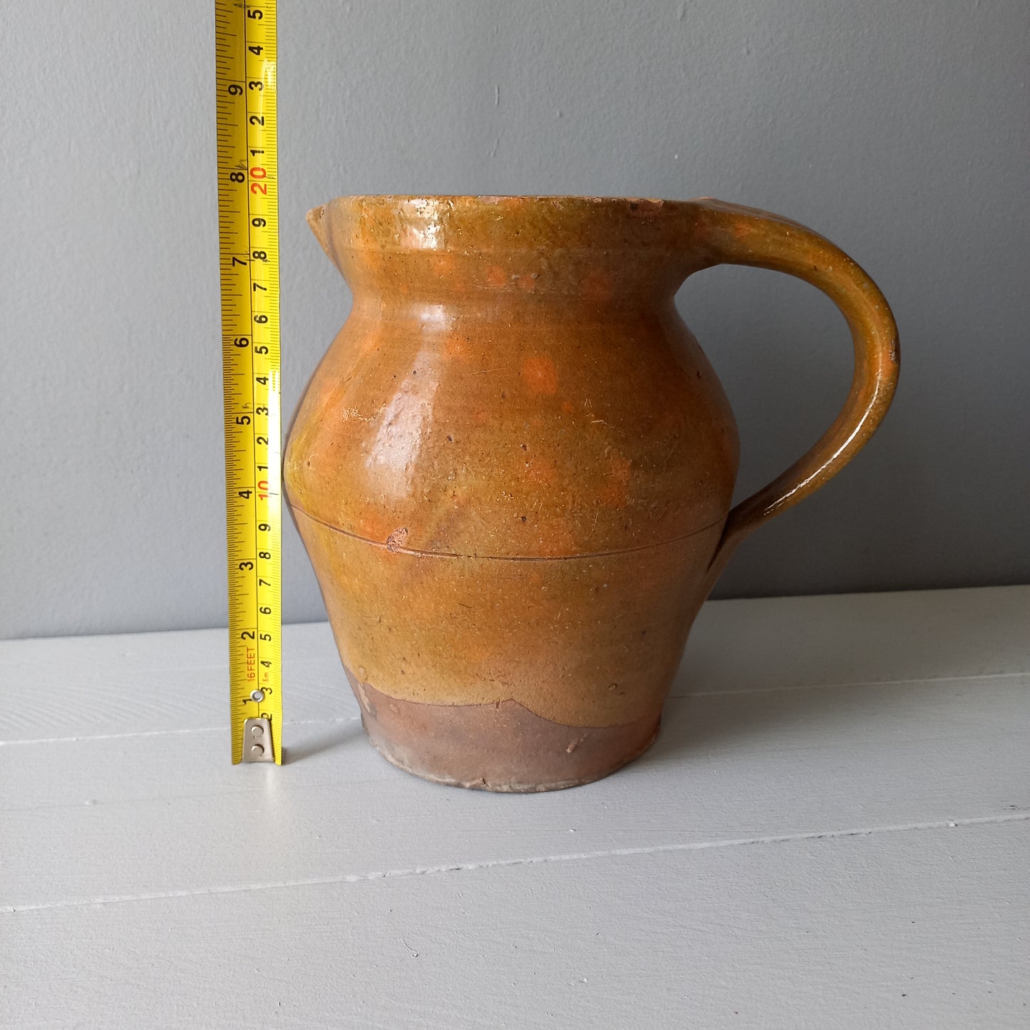 Antique pottery pitcher from France, antique stoneware jug, rustic interior decor