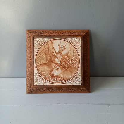 Antique deer tile trivet, decorative doe and fawn trivet, large decorative tile in carved wooden frame