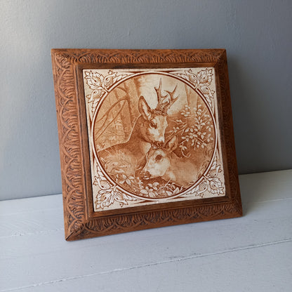 Antique deer tile trivet, decorative doe and fawn trivet, large decorative tile in carved wooden frame