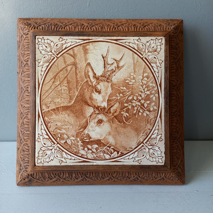 Antique deer tile trivet, decorative doe and fawn trivet, large decorative tile in carved wooden frame