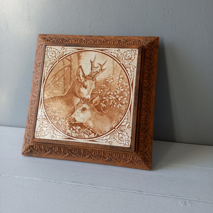 Antique deer tile trivet, decorative doe and fawn trivet, large decorative tile in carved wooden frame