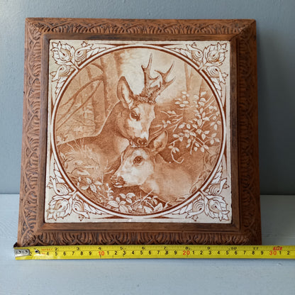 Antique deer tile trivet, decorative doe and fawn trivet, large decorative tile in carved wooden frame