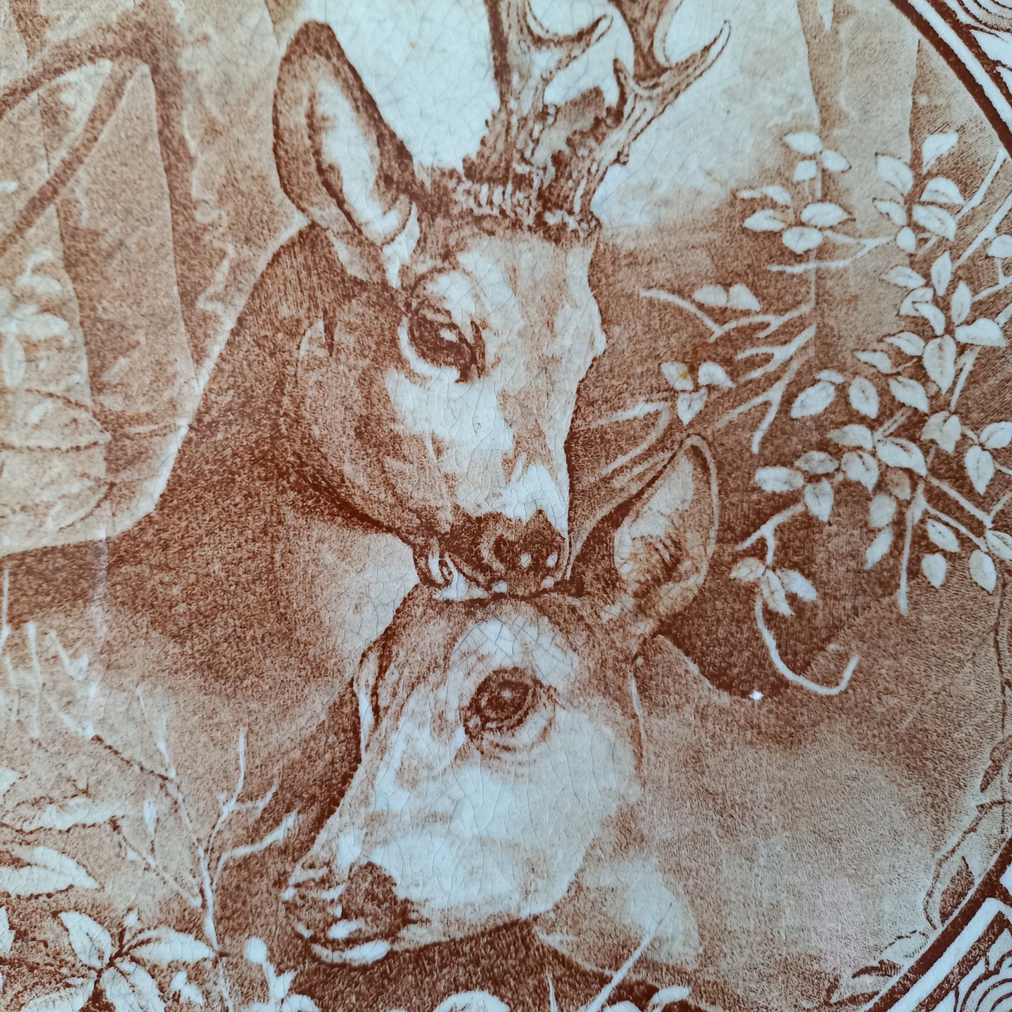 Antique deer tile trivet, decorative doe and fawn trivet, large decorative tile in carved wooden frame