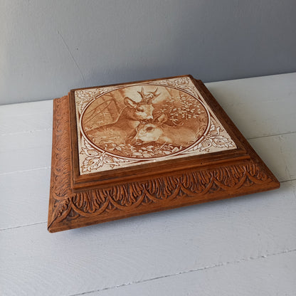 Antique deer tile trivet, decorative doe and fawn trivet, large decorative tile in carved wooden frame